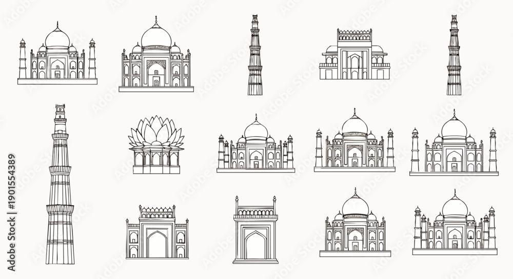 Naklejka premium Iconic Indian architectural landmarks vector collection. Famous monuments like Taj Mahal, Qutub Minar, Lotus Temple in minimalist line art for travel.