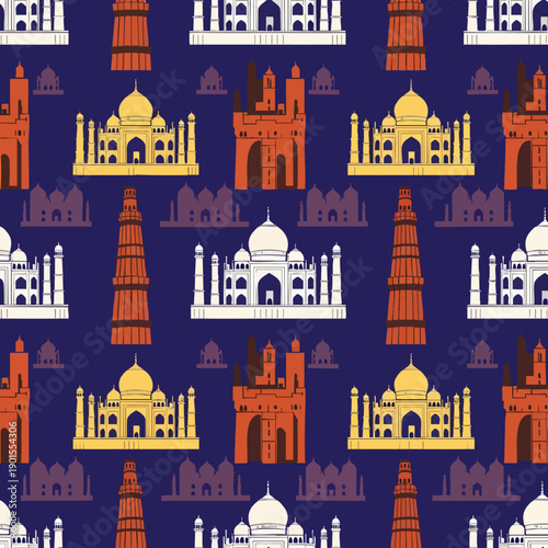 Beautiful seamless pattern showcasing iconic Indian architectural wonders like Taj Mahal and Qutub Minar, perfect for travel and cultural designs.