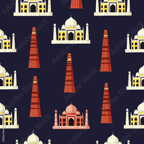 Seamless pattern featuring iconic Indian landmarks: the majestic Taj Mahal and historic Qutub Minar, a vibrant cultural travel illustration on a dark background.