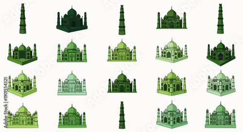 Isometric vector illustration set of the iconic Taj Mahal and its minarets, rendered in diverse shades of green, ideal for travel, architecture, and design projects.