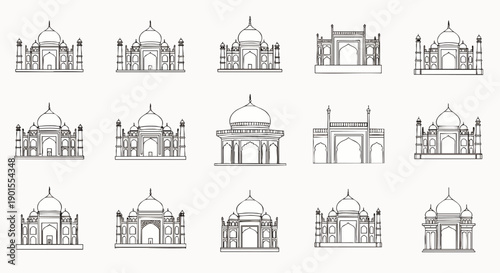 Collection of Taj Mahal line art icons. Vector illustrations showcasing various styles of the iconic Indian Mughal architecture landmark.