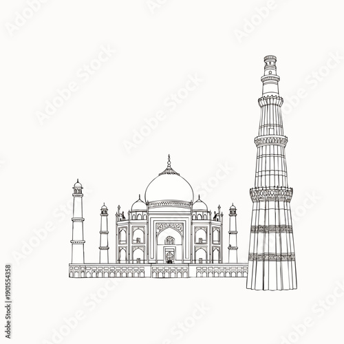 Elegant line art illustration of India's iconic landmarks: the majestic Taj Mahal and the historic Qutub Minar, representing rich culture and heritage.