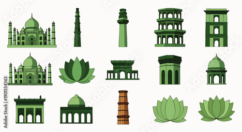Vector collection of iconic Indian landmarks and cultural symbols. Features Taj Mahal, Qutub Minar, and lotus flowers, ideal for travel and cultural design.