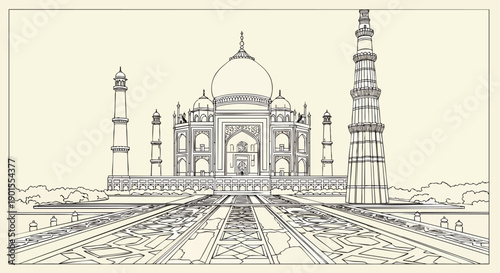 Elegant line art illustration of the iconic Taj Mahal in Agra, India, a UNESCO World Heritage site and famous Mughal architecture landmark, perfect for travel and cultural designs.