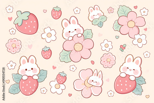 Cute Kawaii Bunnies and Strawberries with Flowers Illustration