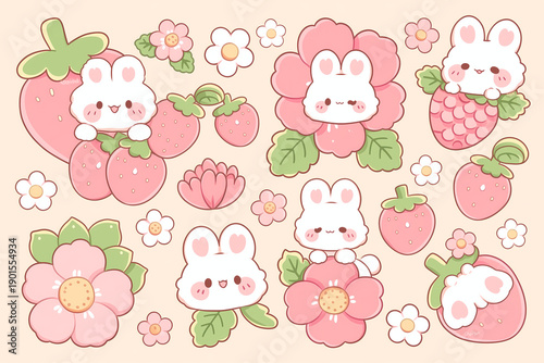 Cute Kawaii Bunnies and Strawberries with Flowers Illustration