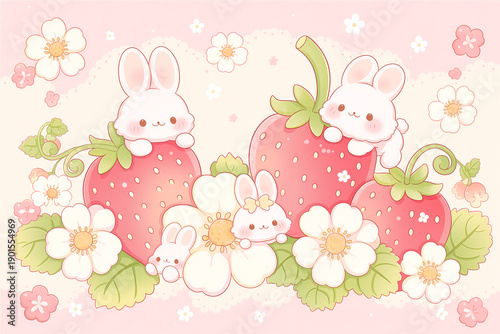 Cute Kawaii Bunnies and Strawberries with Flowers Illustration