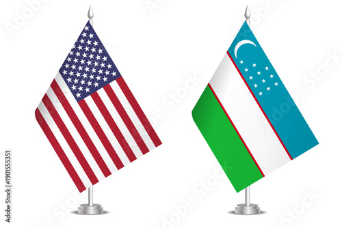 Flags of United States and Uzbekistan. The concept of partnership and joint action. Symbol of partnership, cooperation, international collaboration, peaceful negotiations, alliance, bilateral