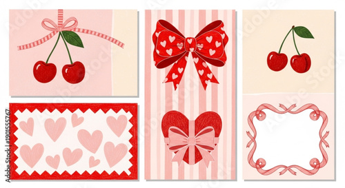 Valentine's Day designs featuring cherries, hearts, and bows on a pastel pink background with decorative borders, perfect for cards and decorations
