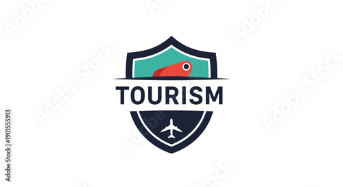 Tourism logo design with shield airplane and fish elements.