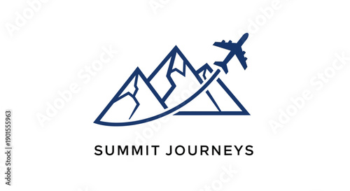 Stylized mountain peaks with airplane logo design for travel and adventure.