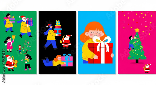 Christmas Cheerful holiday season illustrations capturing the joyous spirit of winter celebrations, featuring diverse characters engaging in festive gift-giving and merry activities