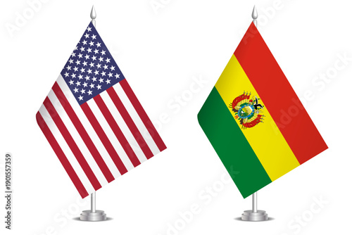 Flags of United States and Bolivia. The concept of partnership and joint action. Symbol of partnership, cooperation, international collaboration, peaceful negotiations, alliance, bilateral