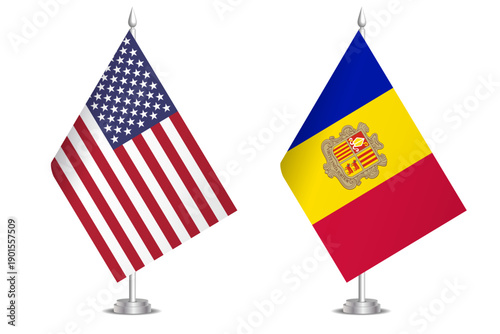 Flags of United States and Andorra. The concept of partnership and joint action. Symbol of partnership, cooperation, international collaboration, peaceful negotiations, alliance, bilateral