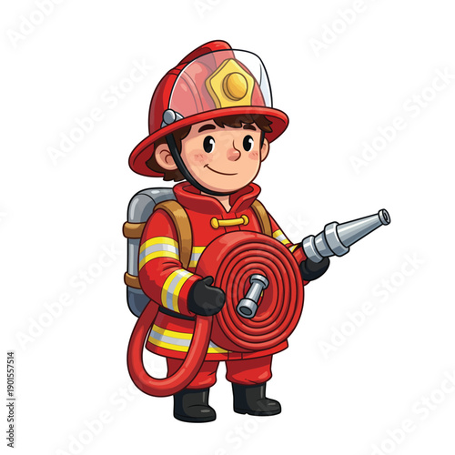 A friendly cartoon boy firefighter in a red uniform and helmet holding a coiled fire hose and nozzle.