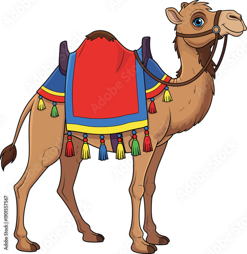 A friendly cartoon dromedary camel with big blue eyes wearing a colorful red and blue saddle with tassels.