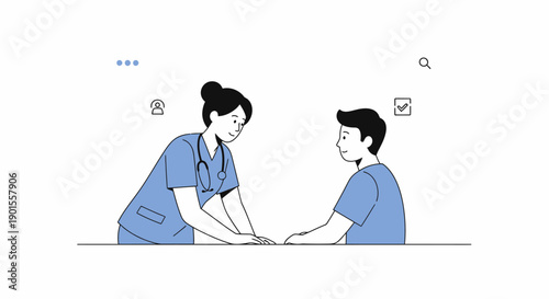 Nurse conducting health check-up on male patient in a modern healthcare setting, offering professional medical care and consultation