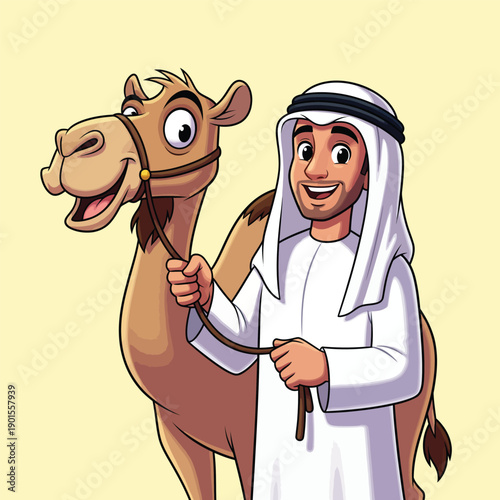 A smiling Arab man in a white thobe and ghutra holding the reins of his friendly cartoon camel.