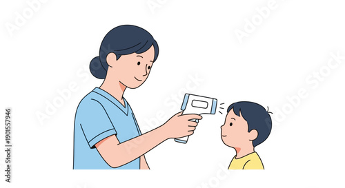Woman using infrared thermometer to measure child's forehead temperature
