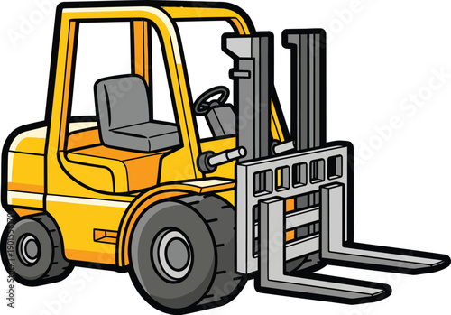 A vibrant yellow cartoon forklift truck illustration with grey forks a drivers seat and thick black outlines.