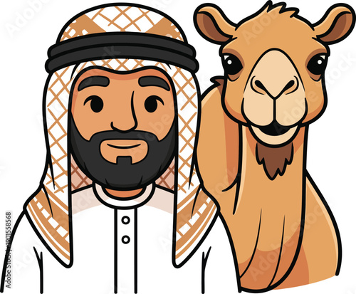 Cartoon illustration of a friendly Arab man in a ghutra standing with a smiling brown camel.