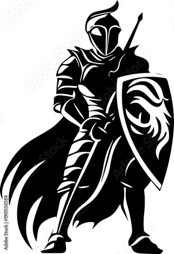 Royal cavalry emblem silhouette, rearing horse with warrior and scimitar, symmetrical negative space, black on white, logo & sticker ready.