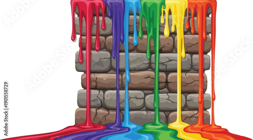 Rainbow Paint Dripping Down Stone Column.