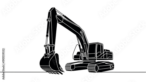 A black and white illustration of an excavator on a construction site