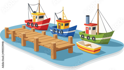 Colorful Boats Docked at Wooden Pier.