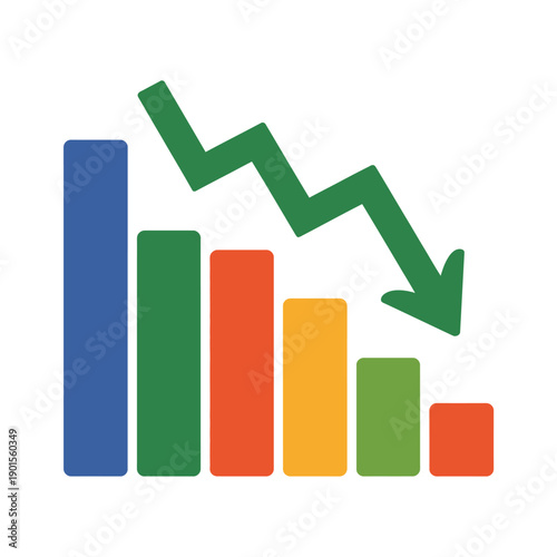 A colorful bar graph showing a decline in data with a green downward arrow