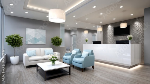 Modern dental office reception area, stylish furniture, minimal decor, clean medical environment, contemporary healthcare design
