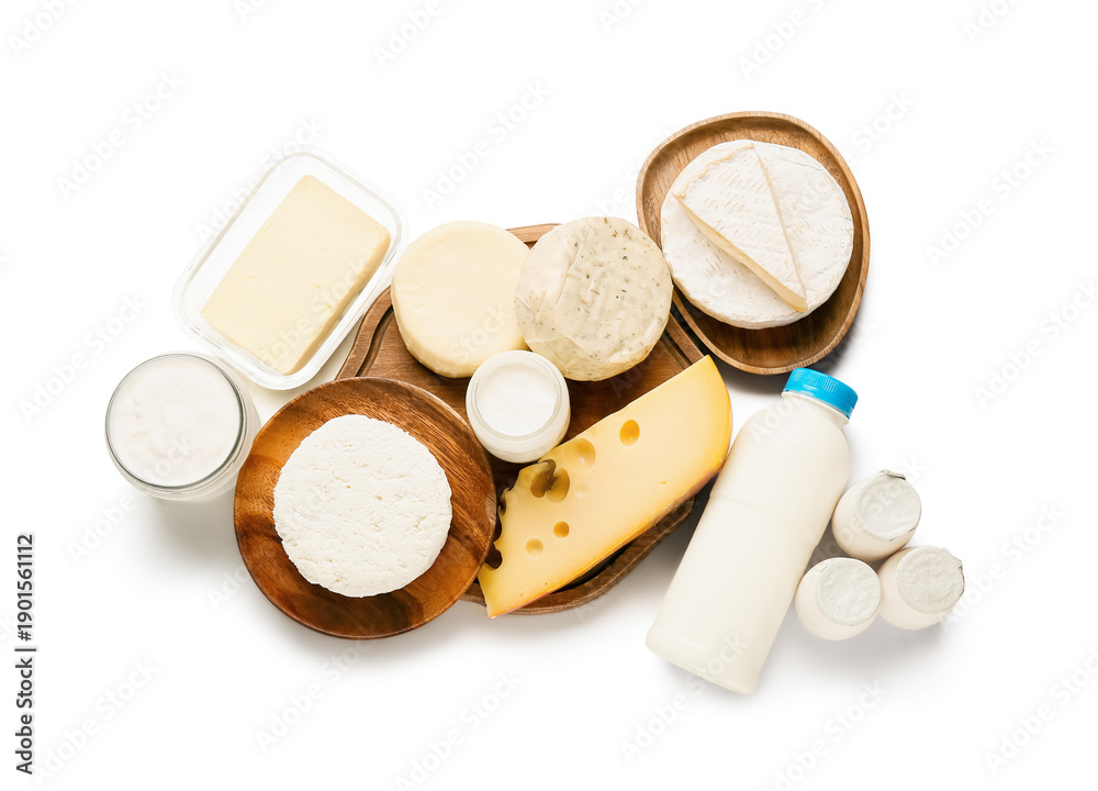 Fototapeta premium Different delicious dairy products on white background
