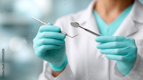 Professional dentist holding dental mirror and probe, close-up hands, sterile aesthetic, white and turquoise color palette