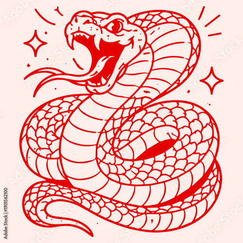 Aggressive Cobra Snake Illustration Red Line Art Japanese Style Fierce Serpent Mascot for T Shirt Design Tattoos Streetwear Branding