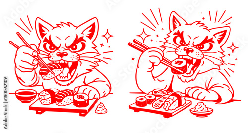 Angry Cat Eating Sushi Illustration Set Red Line Art Japanese Style Fierce Kitty Characters for T Shirt Design Stickers Streetwear Branding