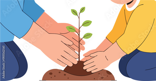 Hands Planting Small Green Sapling Together.