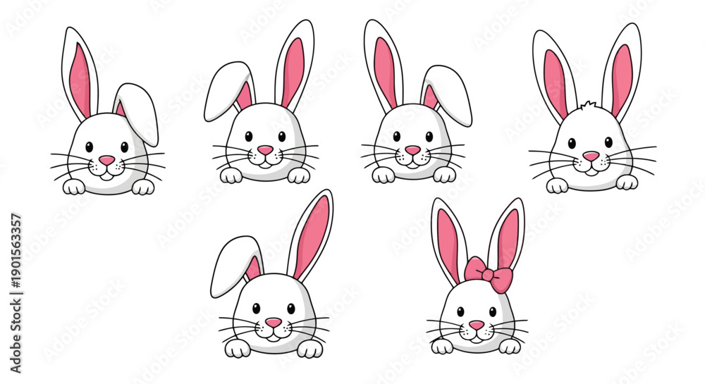 Fototapeta premium Adorable cartoon bunny faces peeking out with various expressions.