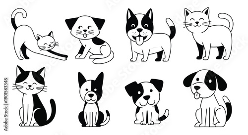 Black and white cartoon illustrations of various dogs and cats in playful poses.