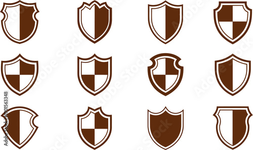 A collection of brown and white shield icons on a plain white background for security and protection concepts
