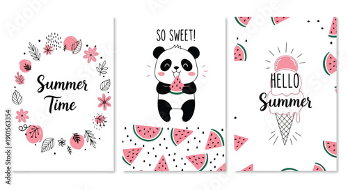 Three charming summer-themed greeting cards featuring a floral wreath, a panda eating watermelon, and a basketball hoop with a sun.