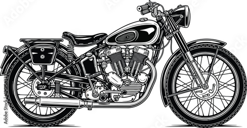 Classic vintage motorcycle in a detailed black and white line art illustration side profile view.
