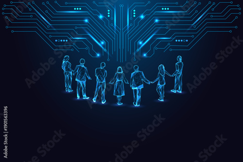 Glowing digital people standing under circuit network, AI society, diversity and smart community