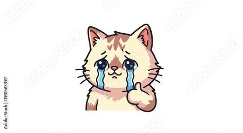 Sad crying cat cartoon illustration with tears.