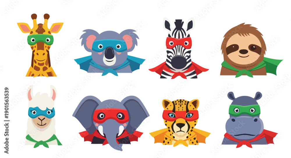 Obraz premium Collection of eight cartoon superhero animals with masks and capes.