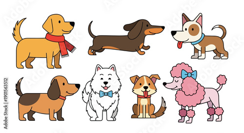 Adorable Collection of Diverse Dog Breeds in Cartoon Style.