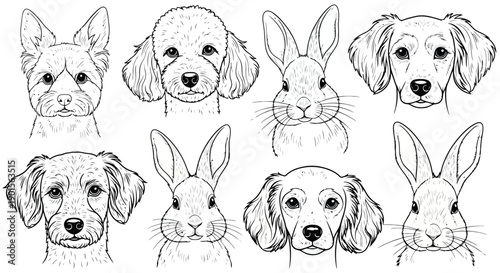 Collection of Hand-Drawn Dog and Rabbit Portraits in Black and White Sketch Style.