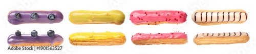 Fotografie Delicious glazed eclairs on white background, set