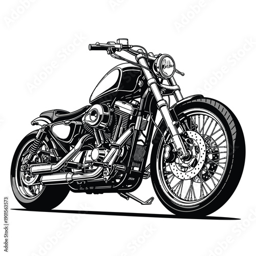 Classic Vtwin chopper motorcycle illustration in a bold highcontrast black and white style.