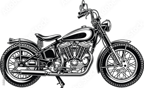 Classic VTwin Cruiser Motorcycle in a Detailed Black and White Engraving Style Illustration.