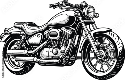 Detailed black and white illustration of a classic American cruiser motorcycle with a Vtwin engine.